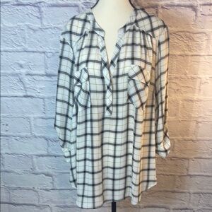 torrid White Plaid Long Sleeve Blouse with Black and Tan Check
